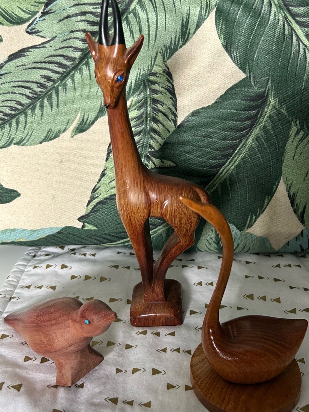 Vintage MCM Hand Carved Animal Wood 
Sculptures Set of 3 Gazelle Swan Bird